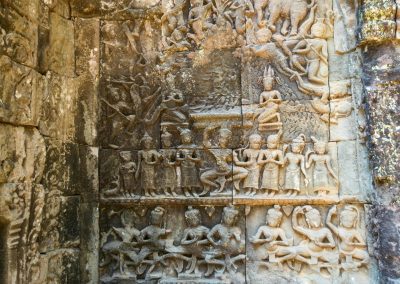 Intricate bas-reliefs at Ta Prohm temple, Siem Reap Cambodia